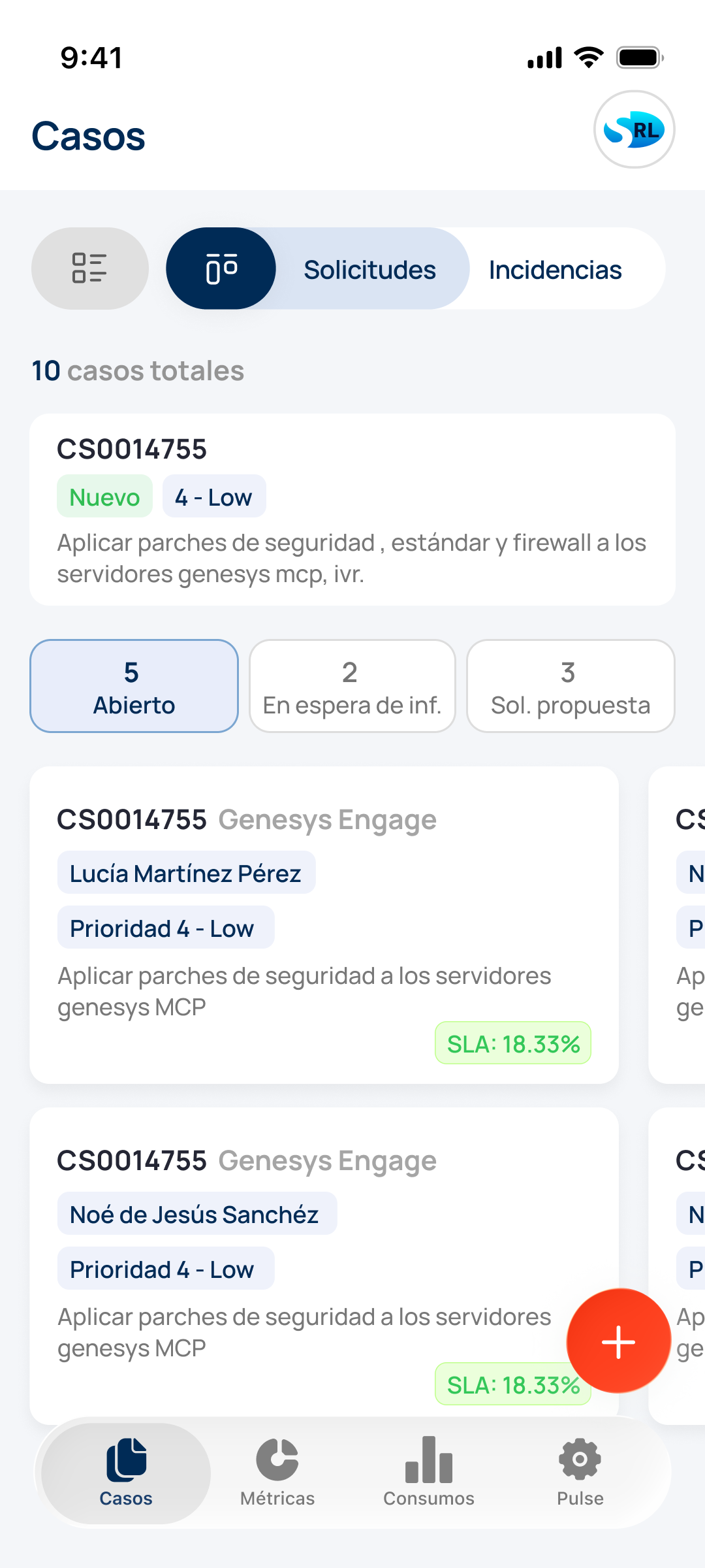 CX Portal móvil — listado de casos y seguimiento