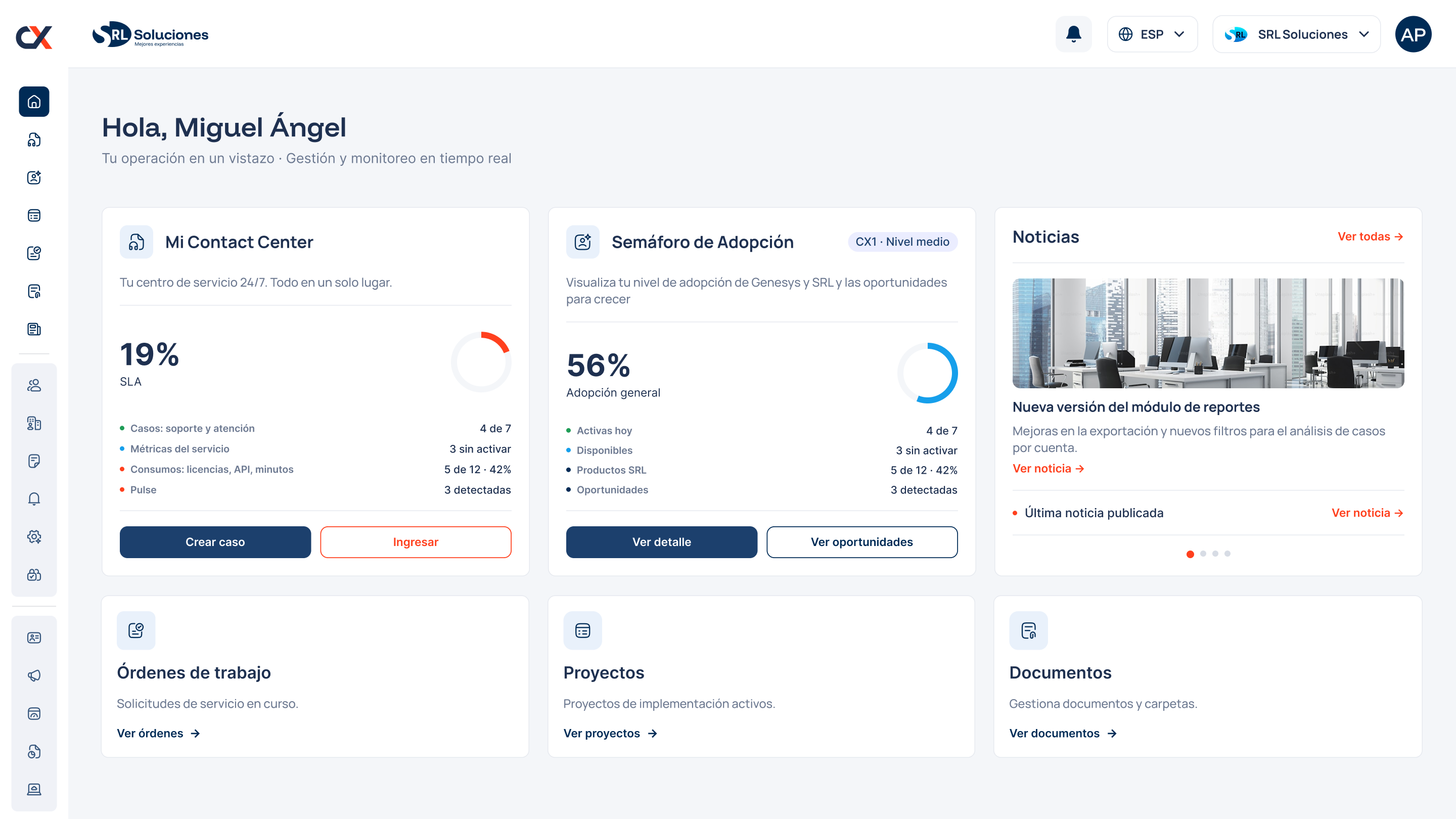 CX Portal web — panel de operación con casos, adopción y noticias
